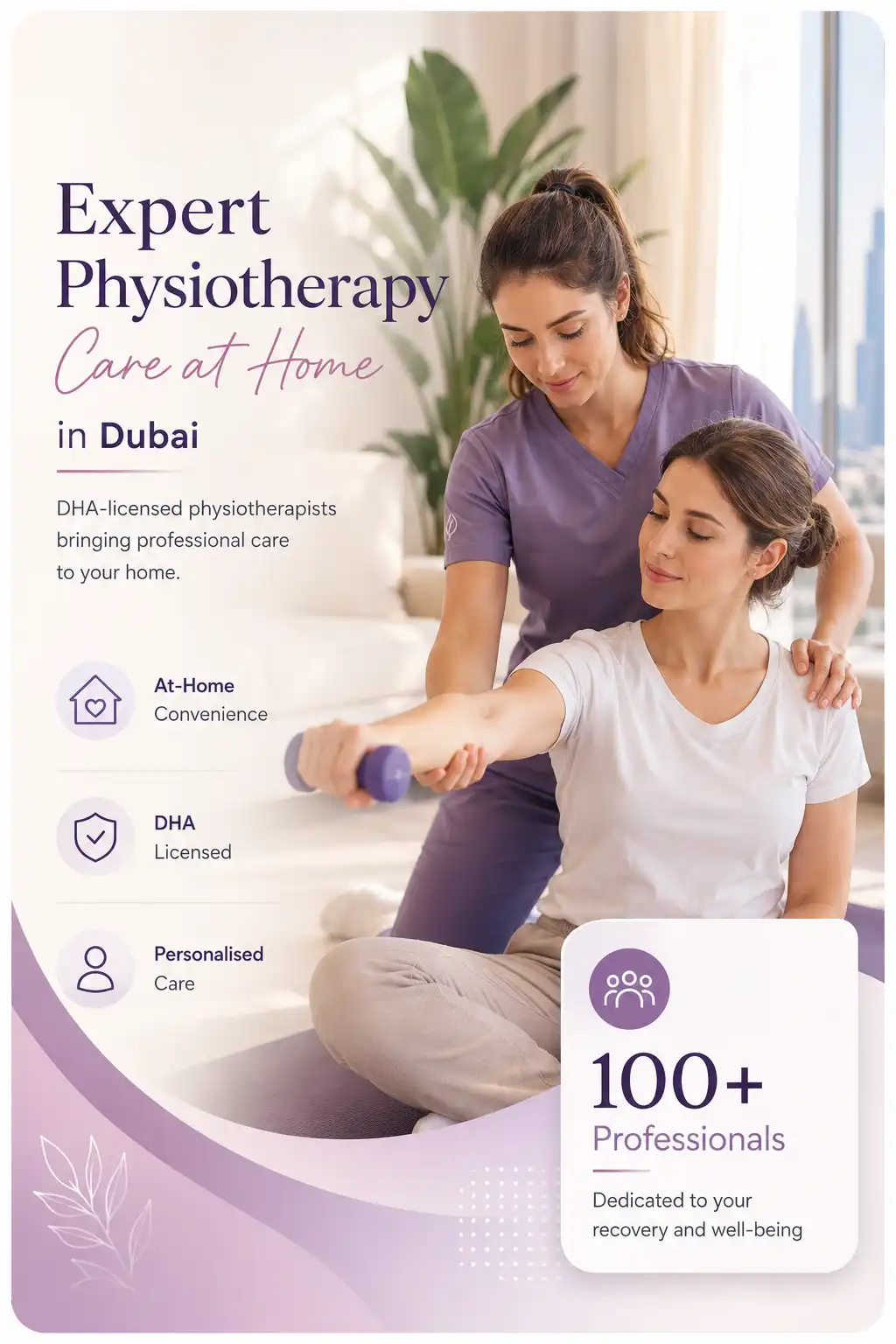 Alleanza physiotherapist guiding a patient through recovery exercises at home in Dubai